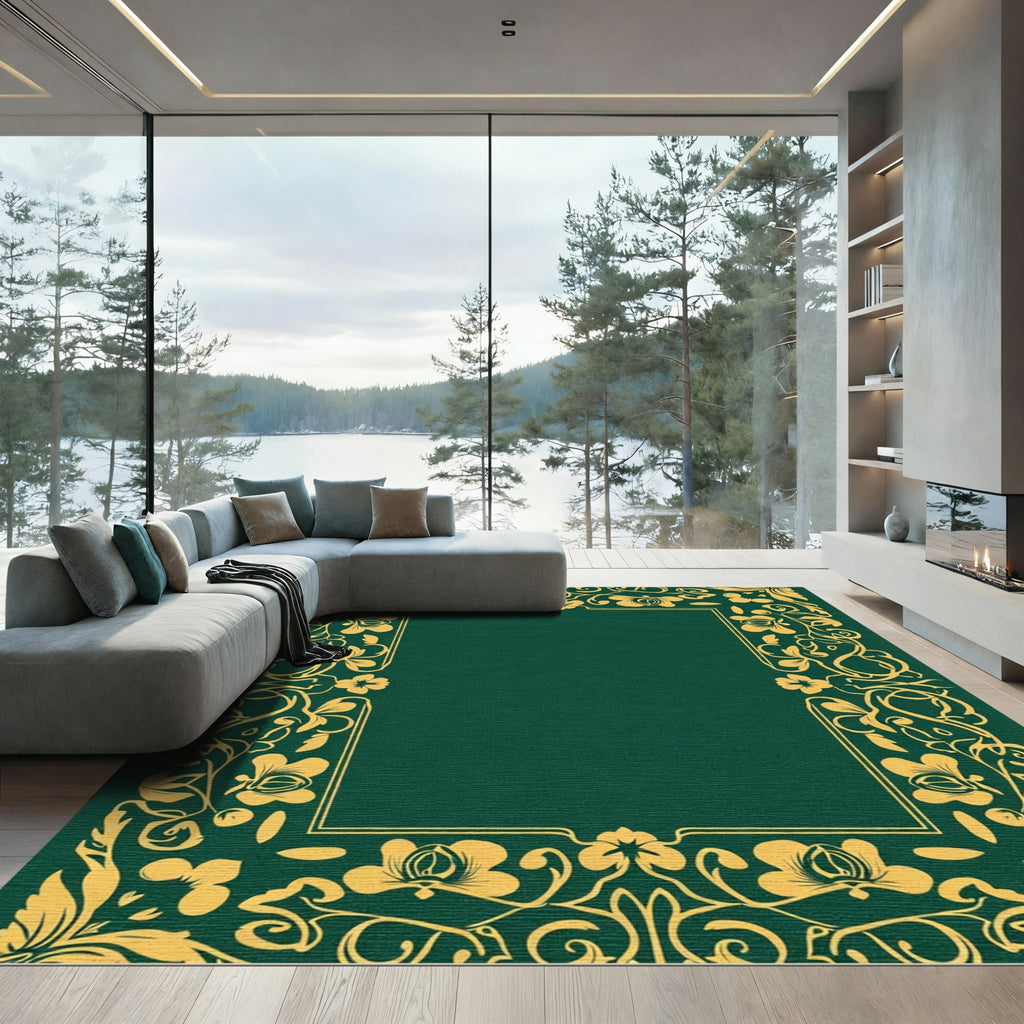 Golden Floral Vine Emerald Border Rug