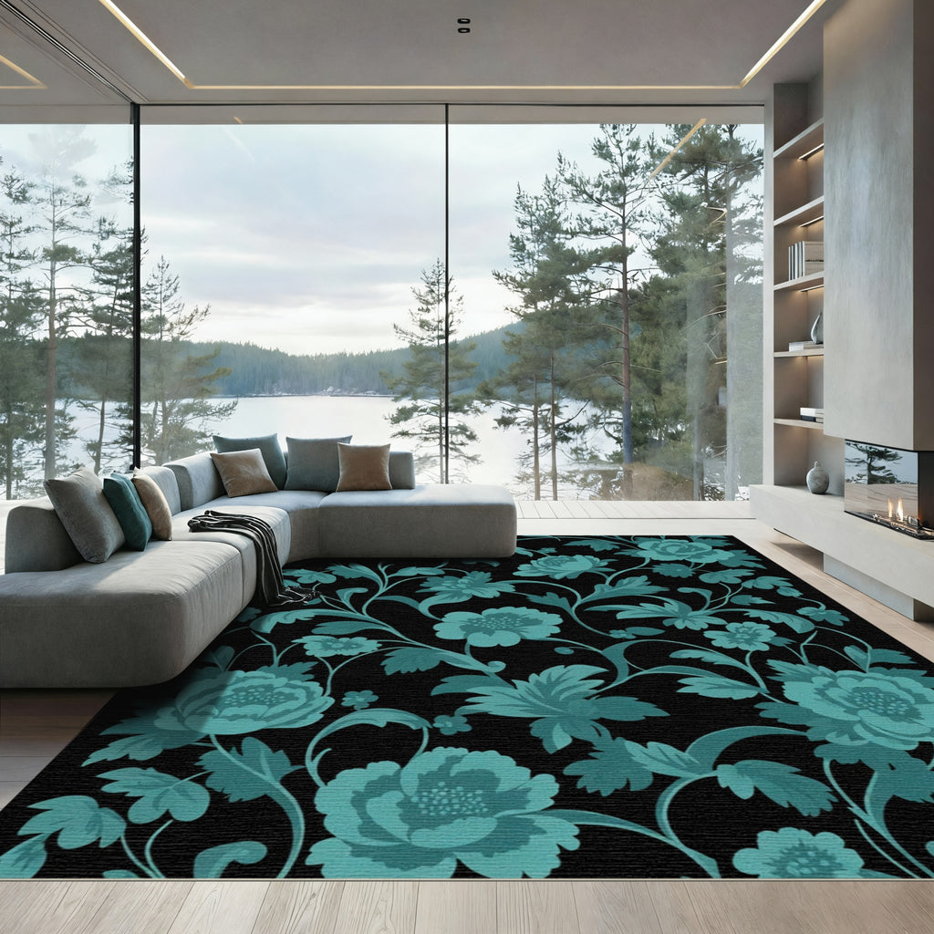 Teal Floral Vine Scroll Rug
