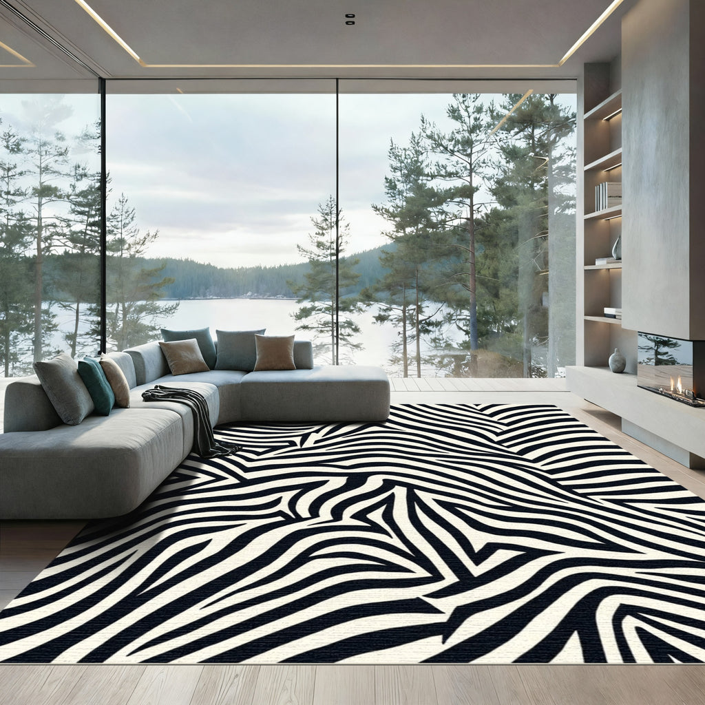 Textured Black White Animal Stripes Rug
