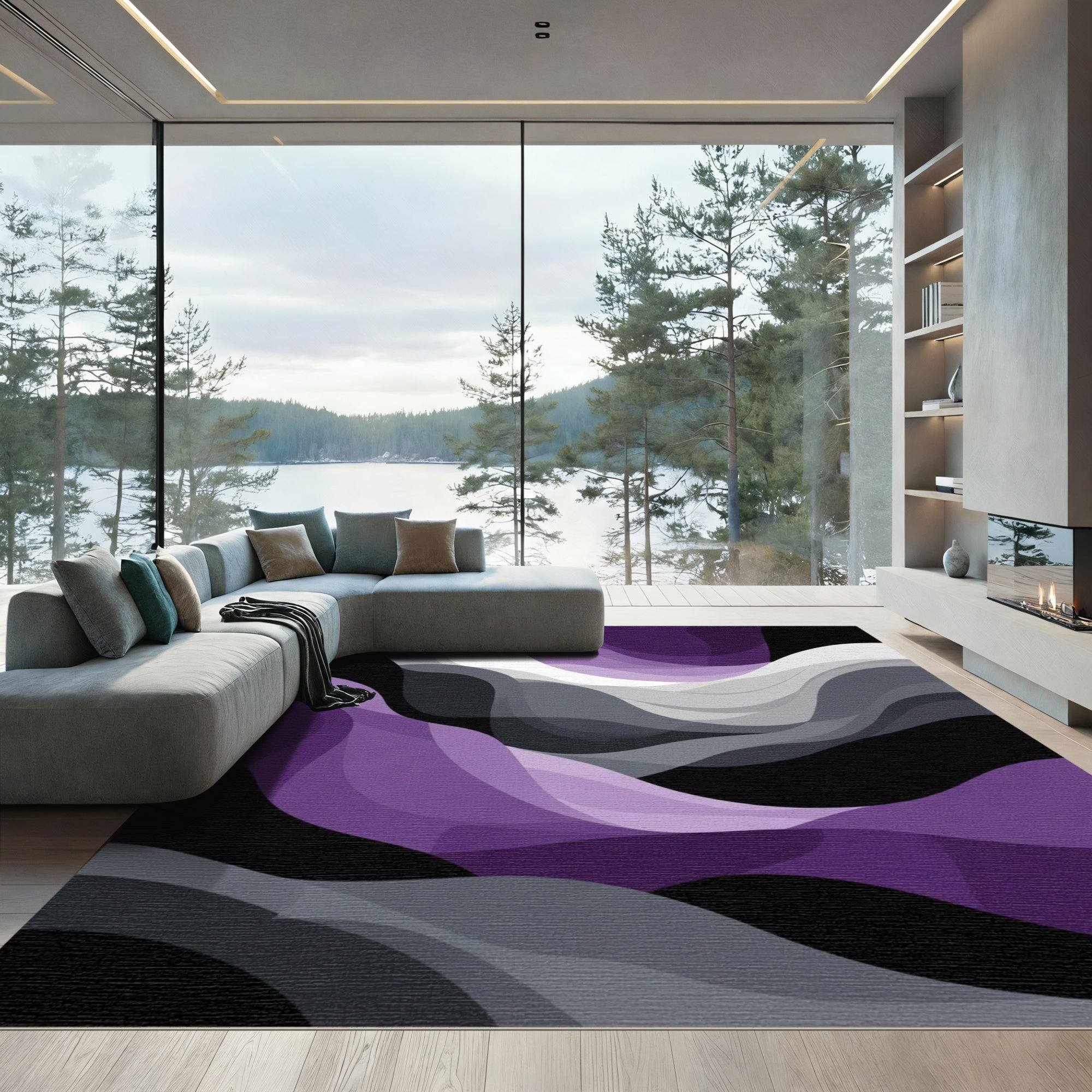 Flowing Purple Gray Ombre Waves Rug