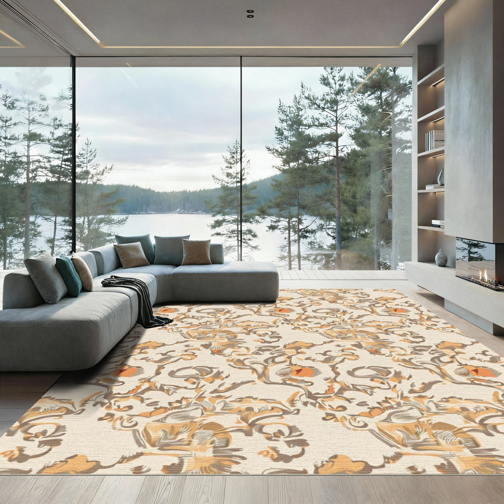 Earthy Peach Blossom Scrollwork Rug