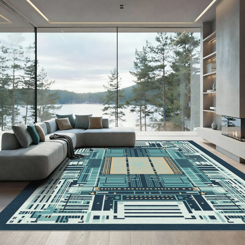 Abstract Cyan Geometric Circuit Board Rug