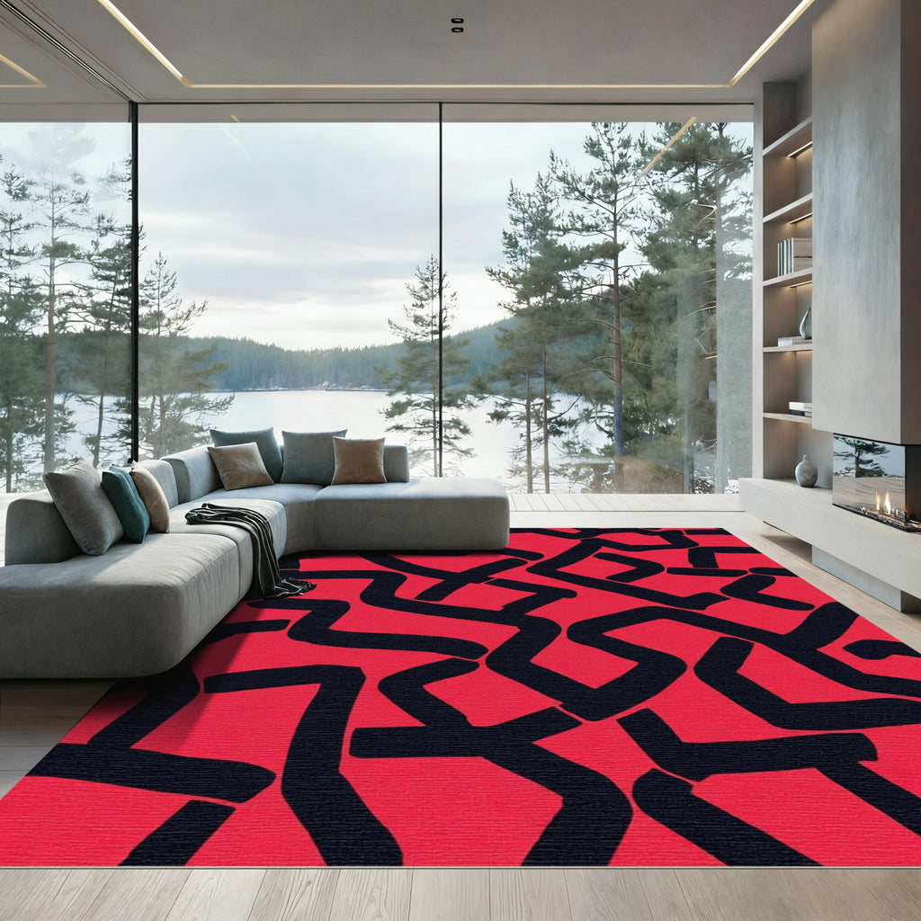 Bold Red Black Abstract Interlocking Lines Rug