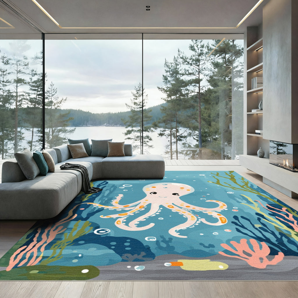 Cute Peach Octopus Underwater Coral Reef Rug