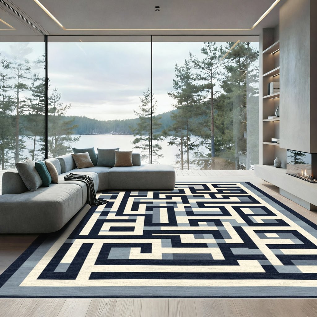 Navy Cream Labyrinth Geometric Artwork Rug