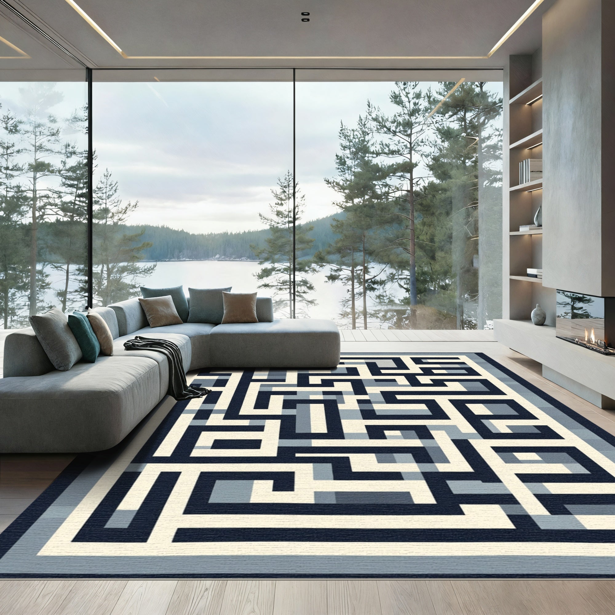 Navy Cream Labyrinth Geometric Artwork Rug