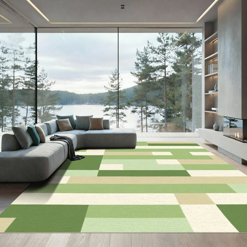 Abstract Green Beige Geometric Blocks Rug