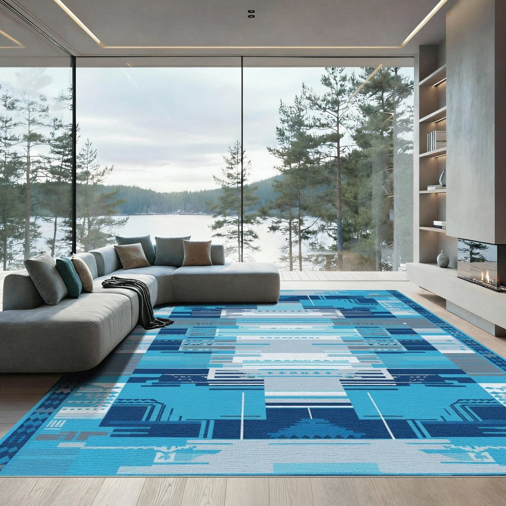 Abstract Geometric Blue Composition Rug