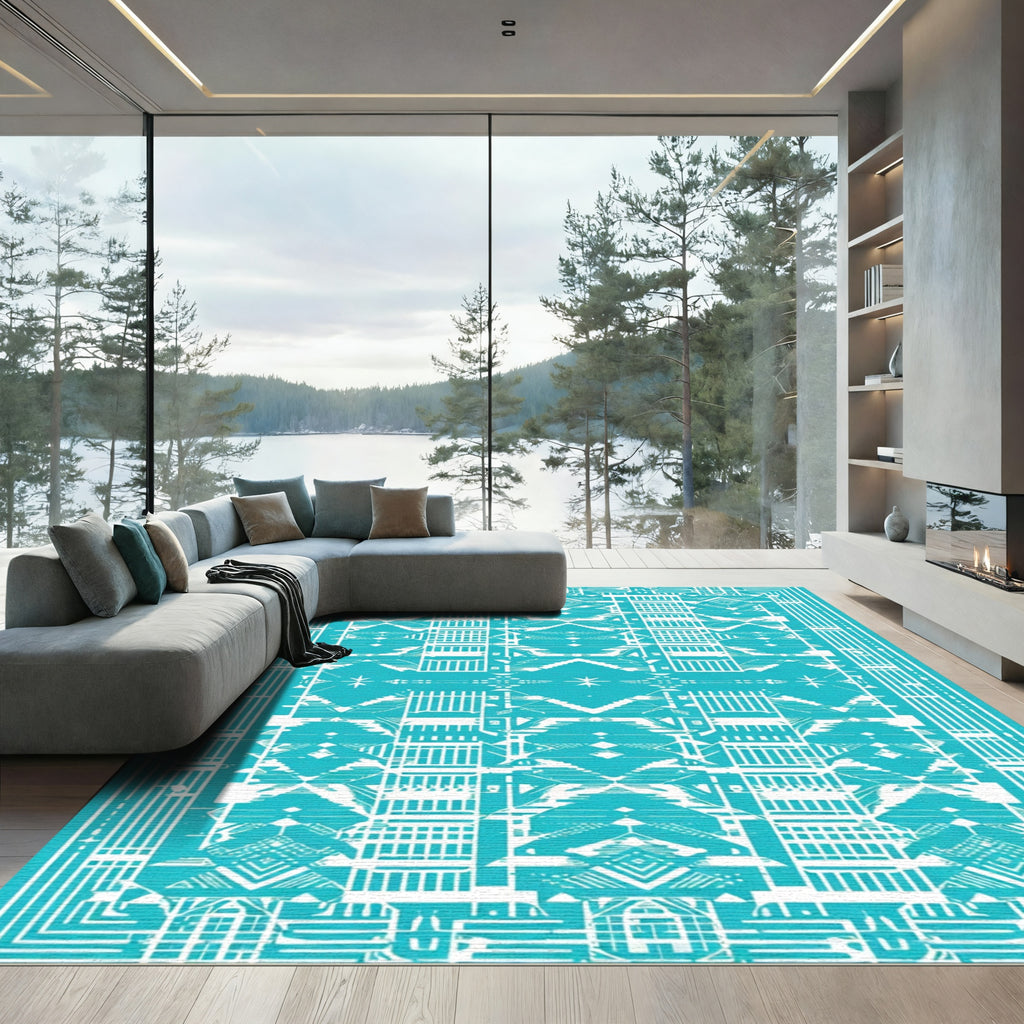 Bright Turquoise Geometric Tribal Rug