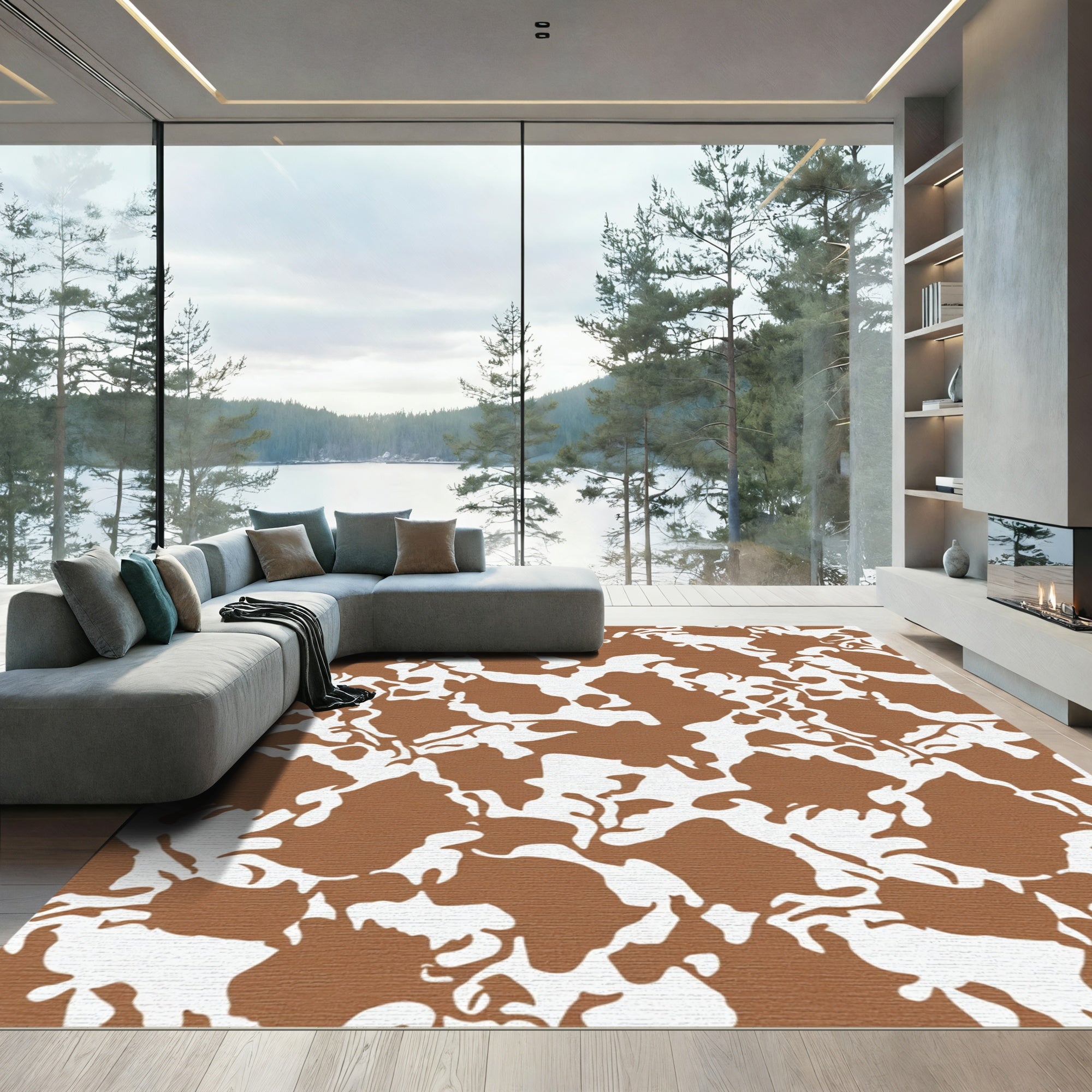 Brown White Abstract Splatter Rug