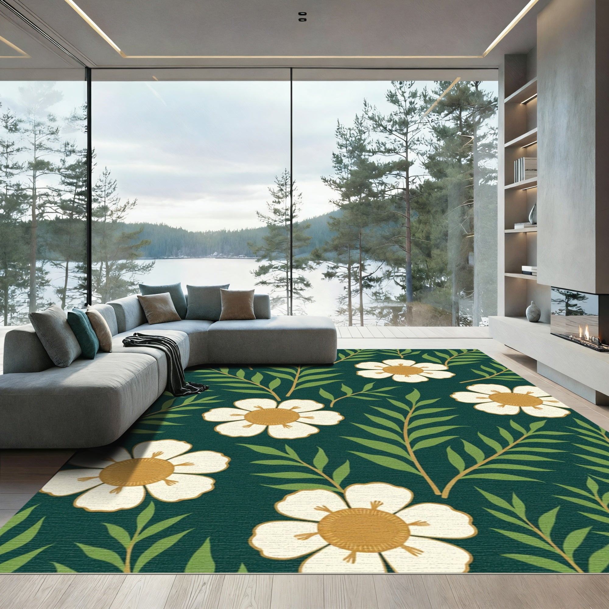 Dark Teal White Floral Botanical Rug