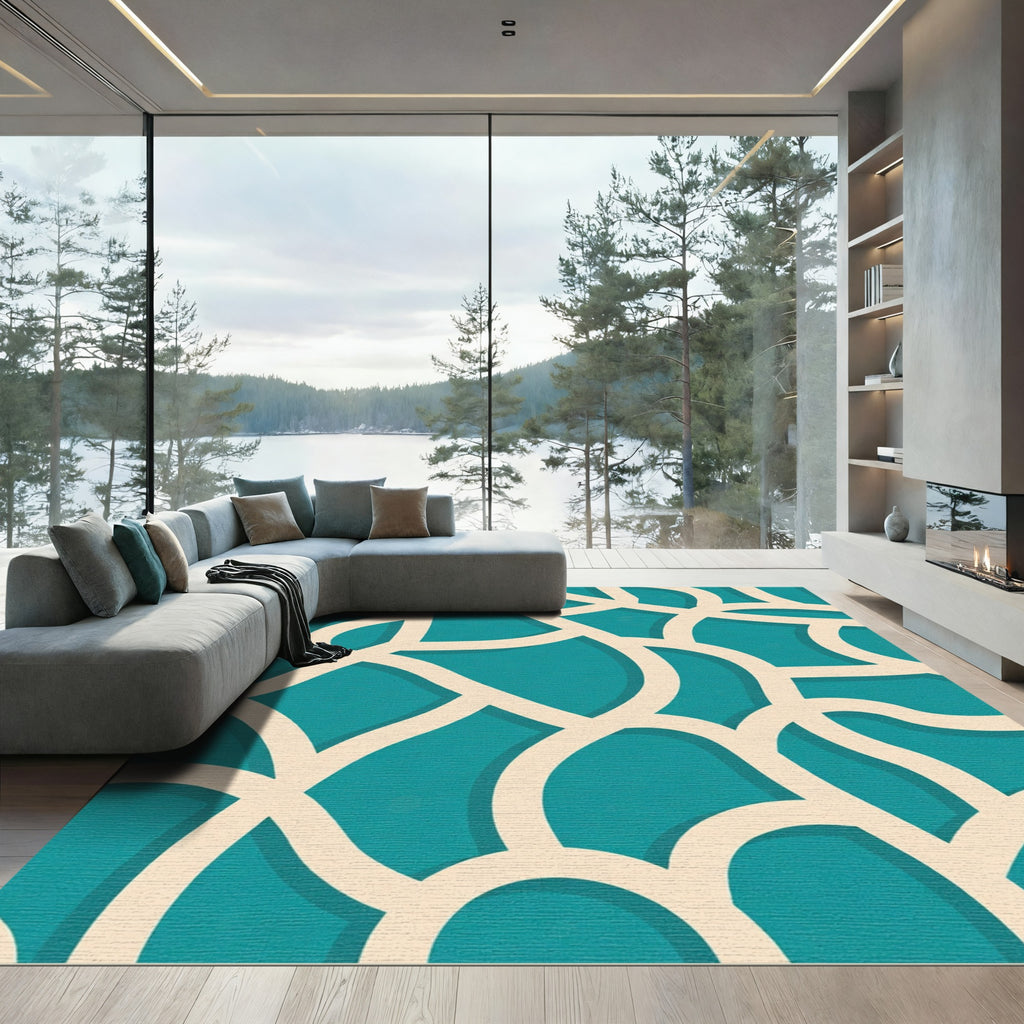 Teal Ivory Interlocking Curve Rug
