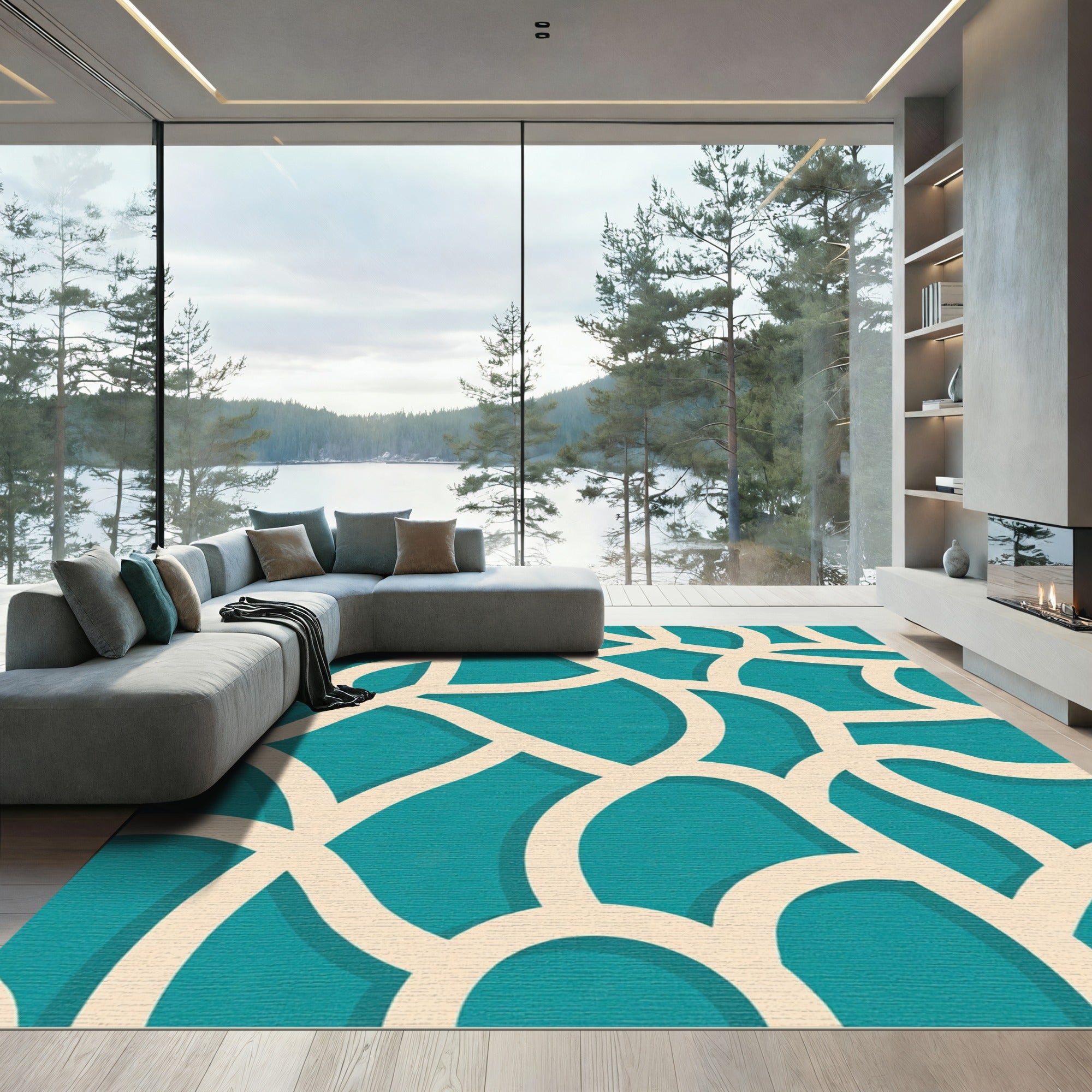 Teal Ivory Interlocking Curve Rug
