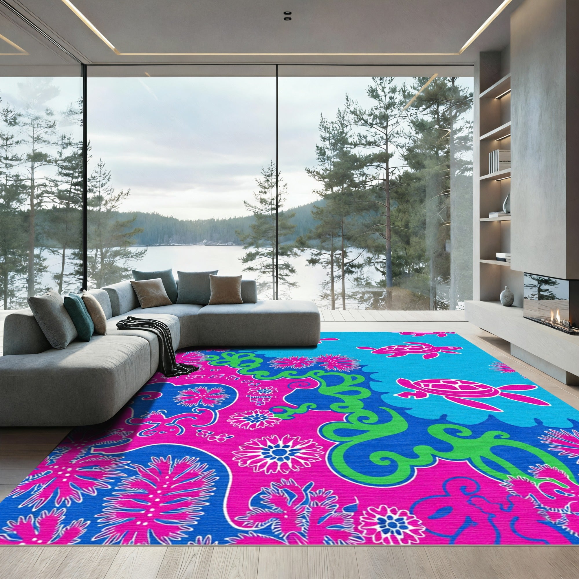 Bright Pink Turtle Ocean Floral Rug