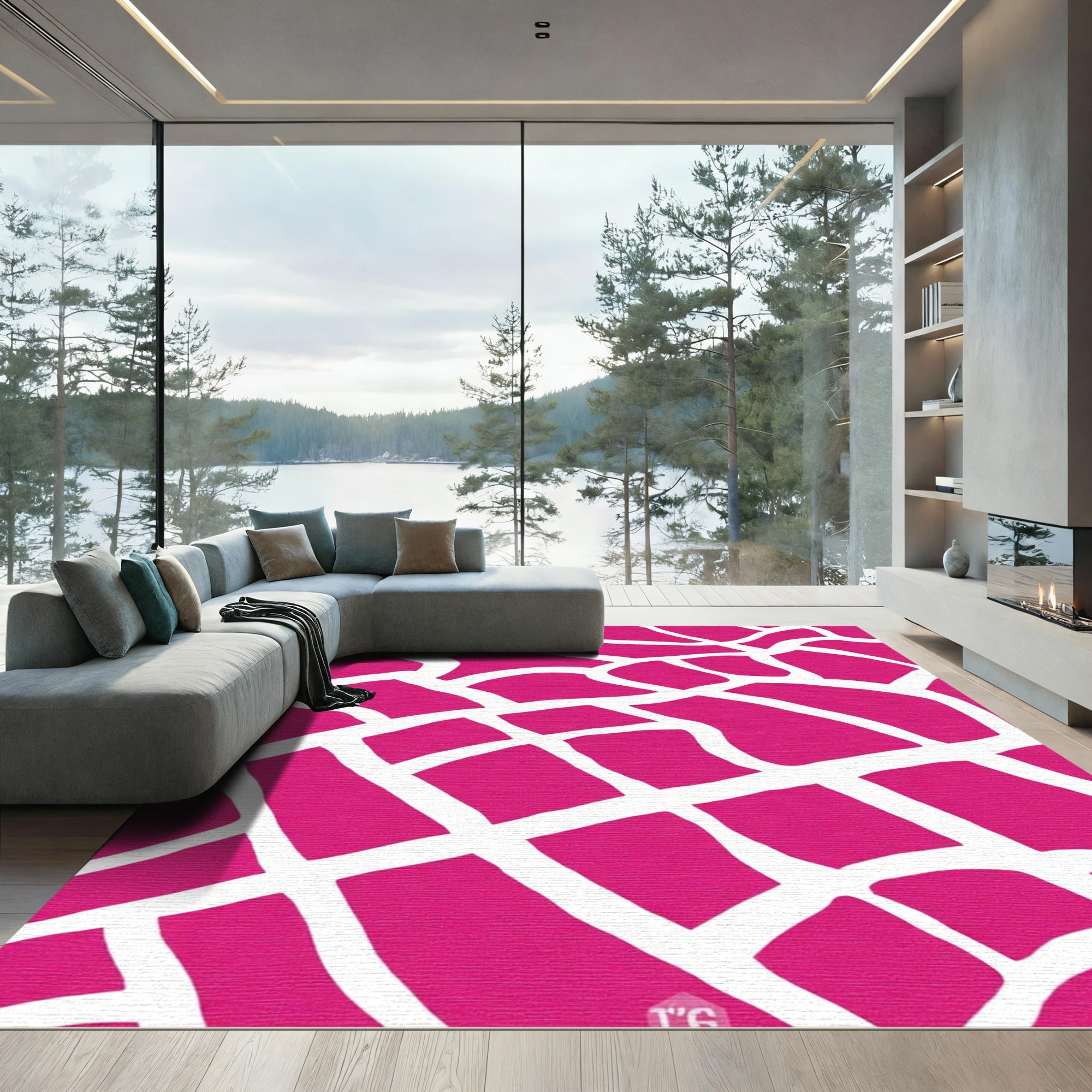 Vibrant Pink White Organic Grid Rug