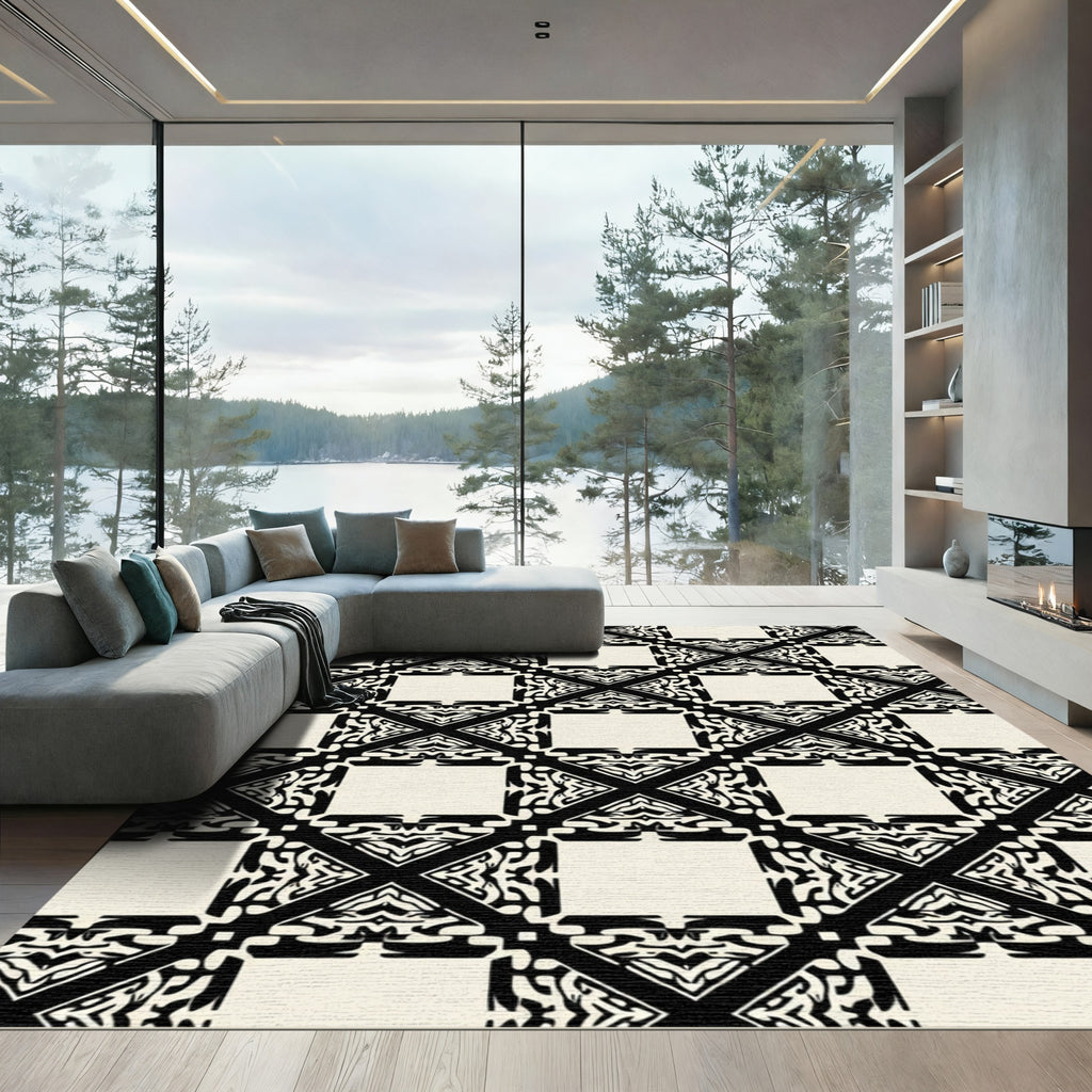 Black Cream Geometric Art Deco Square Rug