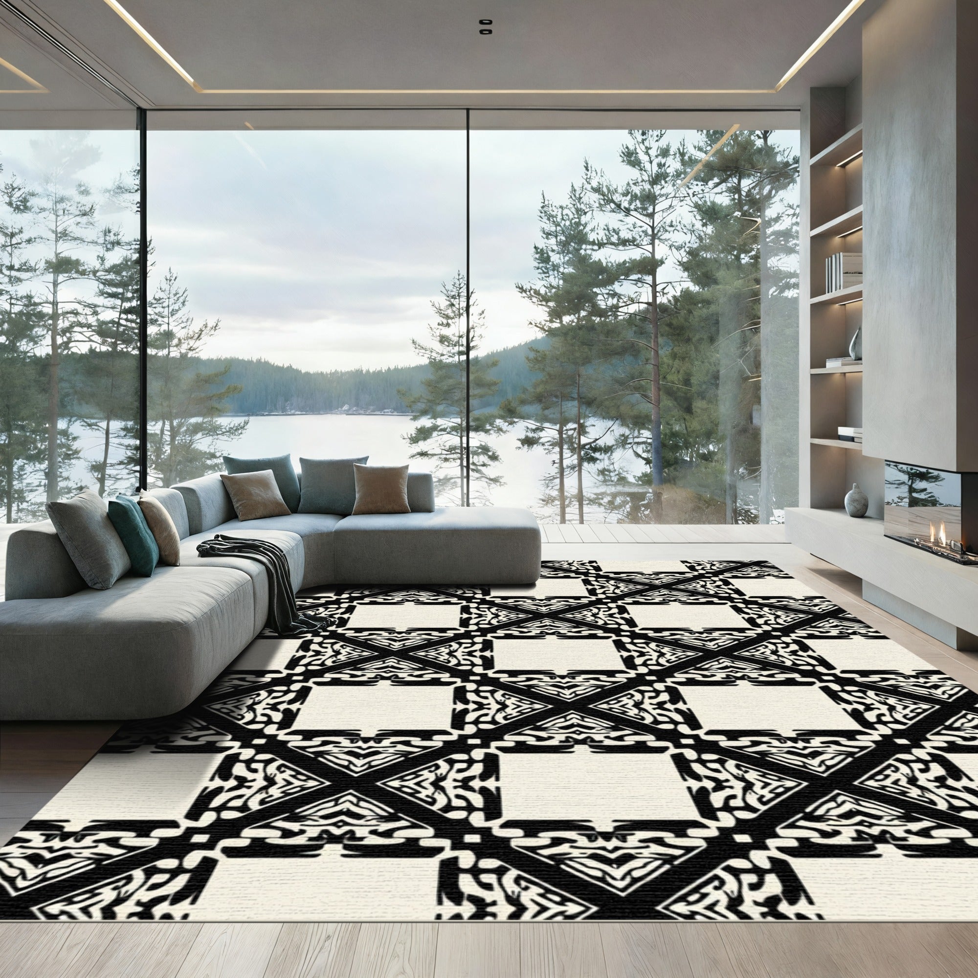 Black Cream Geometric Art Deco Square Rug