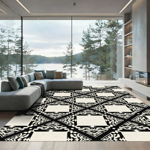 Black Cream Geometric Art Deco Square Rug