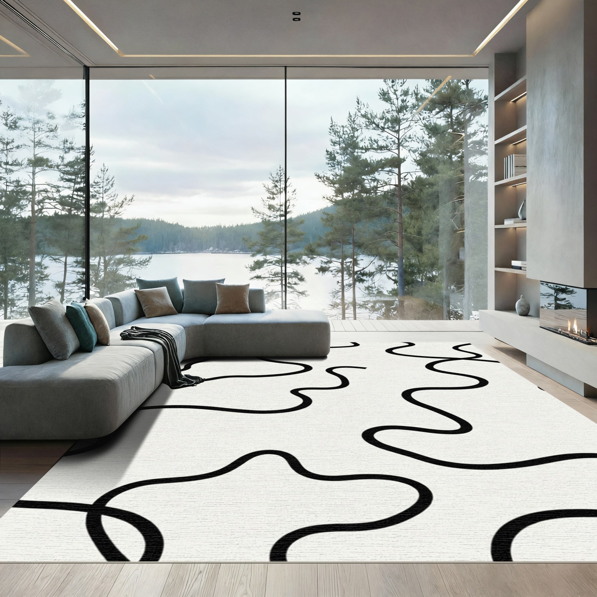 Black Organic Line Wave Rug
