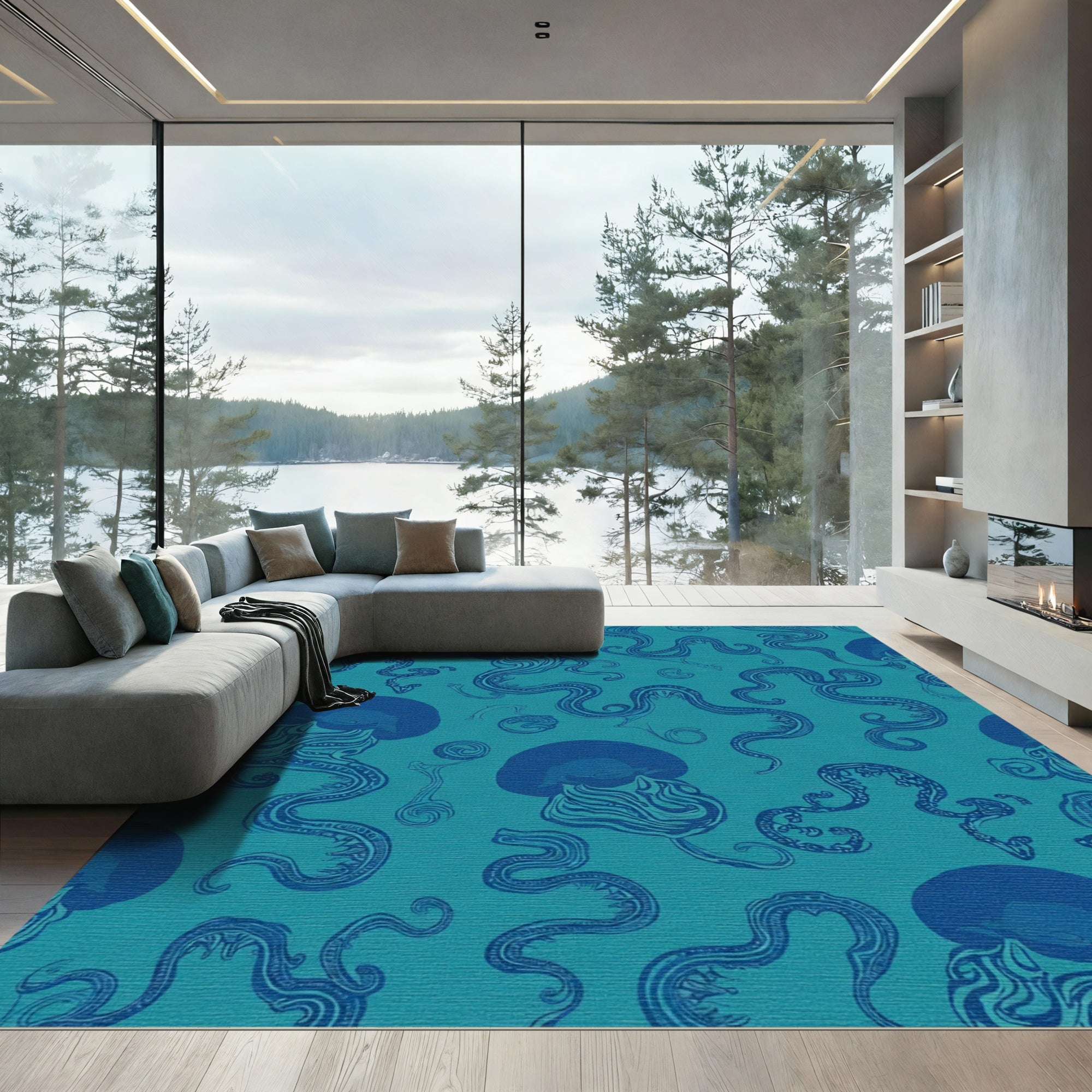 Teal Blue Swirling Jellyfish Medley Rug