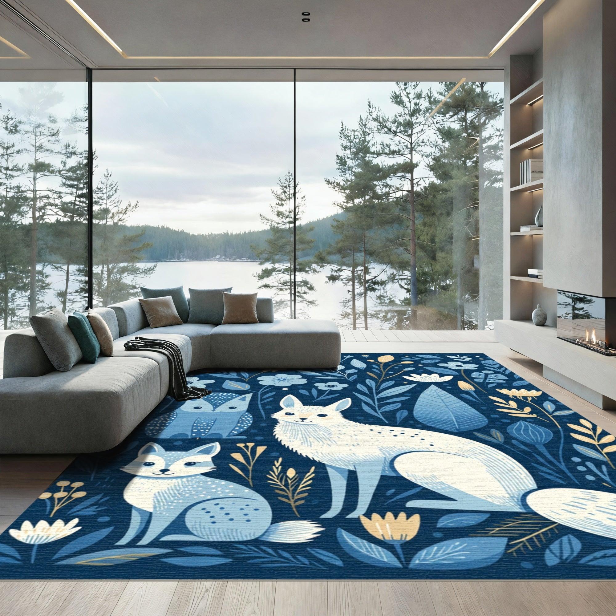 Whimsical Animals Floral Garden Blues Rug