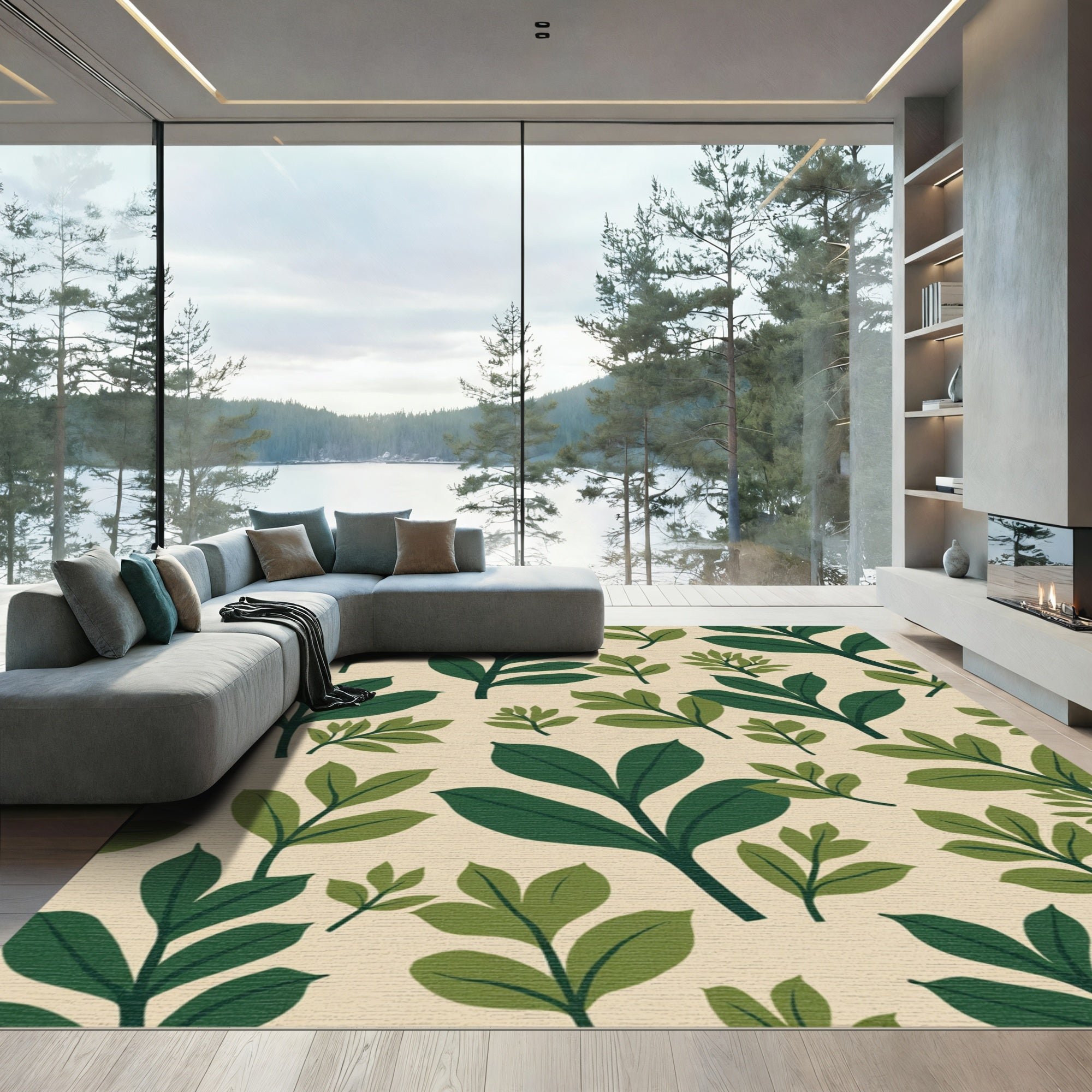 Dark Green Leafy Branches Beige Pattern Rug