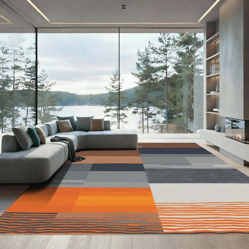 Orange Gray Modern Horizontal Stripe Rug