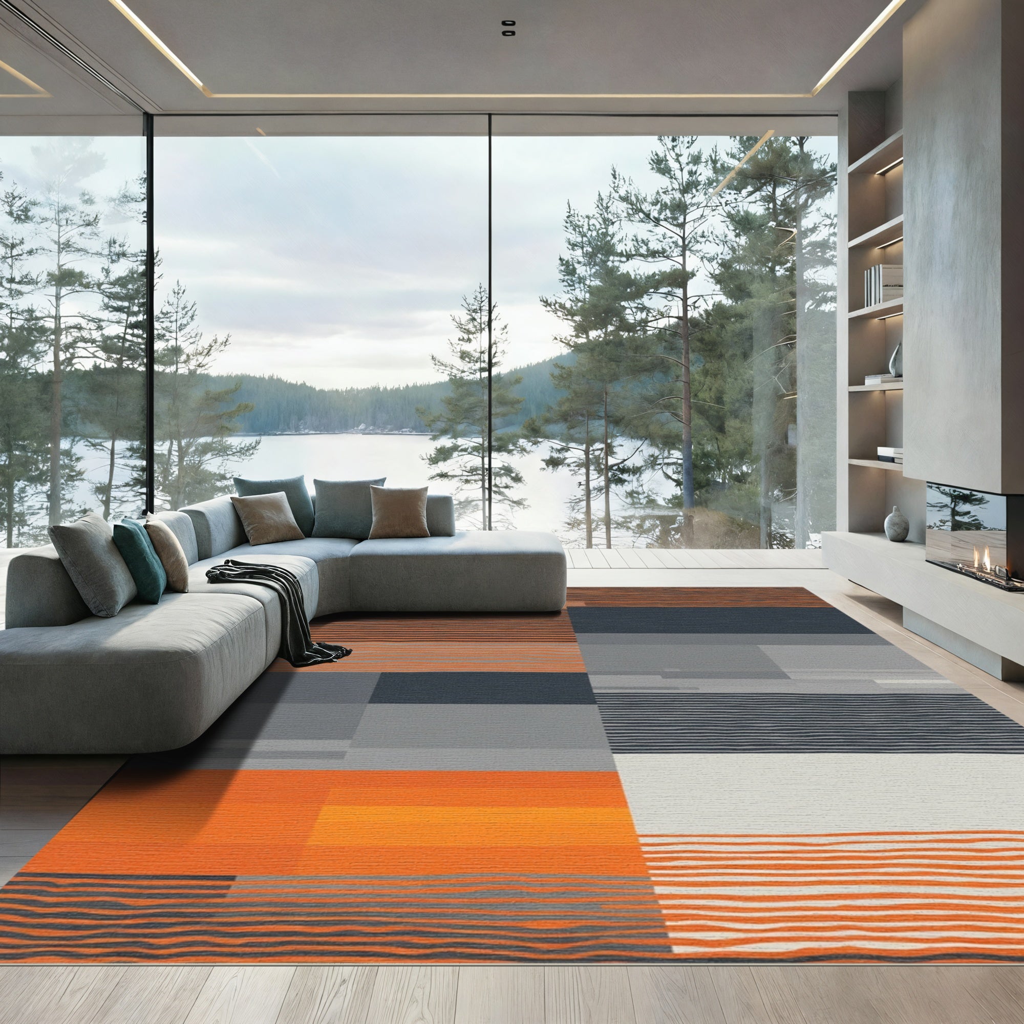 Orange Gray Modern Horizontal Stripe Rug