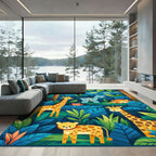 Jungle Animals Cyan Forest Midnight Scene Rug
