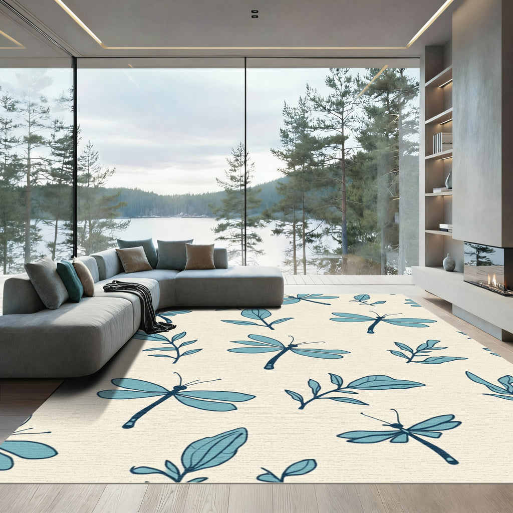 Aqua Dragonfly and Leaf Pattern Rug