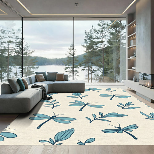 Aqua Dragonfly and Leaf Pattern Rug
