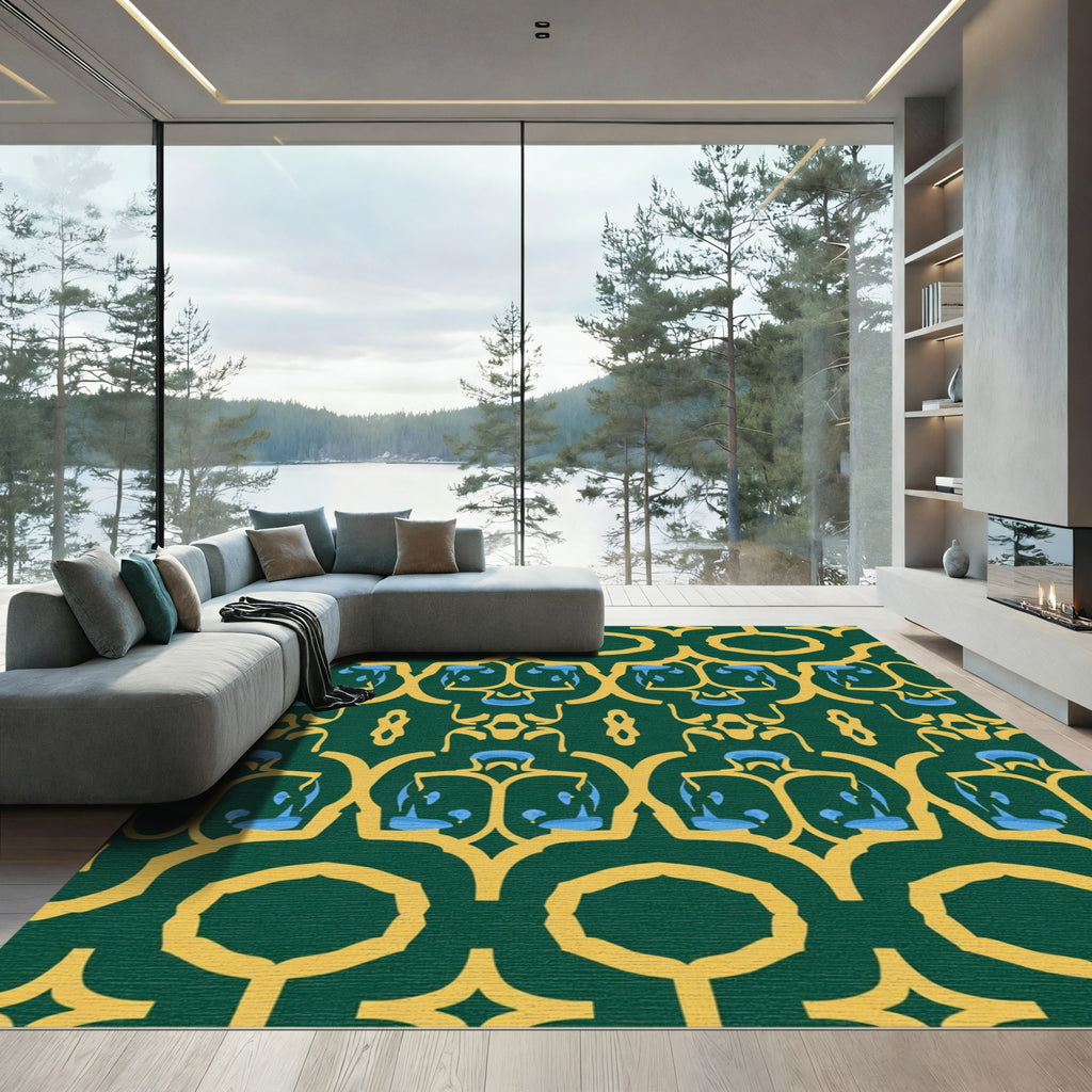 Emerald Gold Ornate Abstract Figures Rug