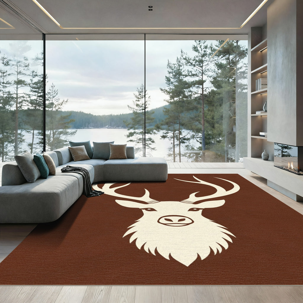 Rustic Cream Deer Head Brown Background Rug