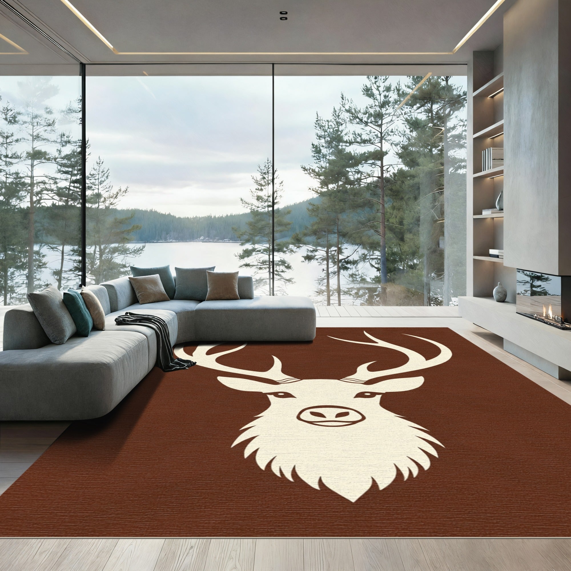 Rustic Cream Deer Head Brown Background Rug
