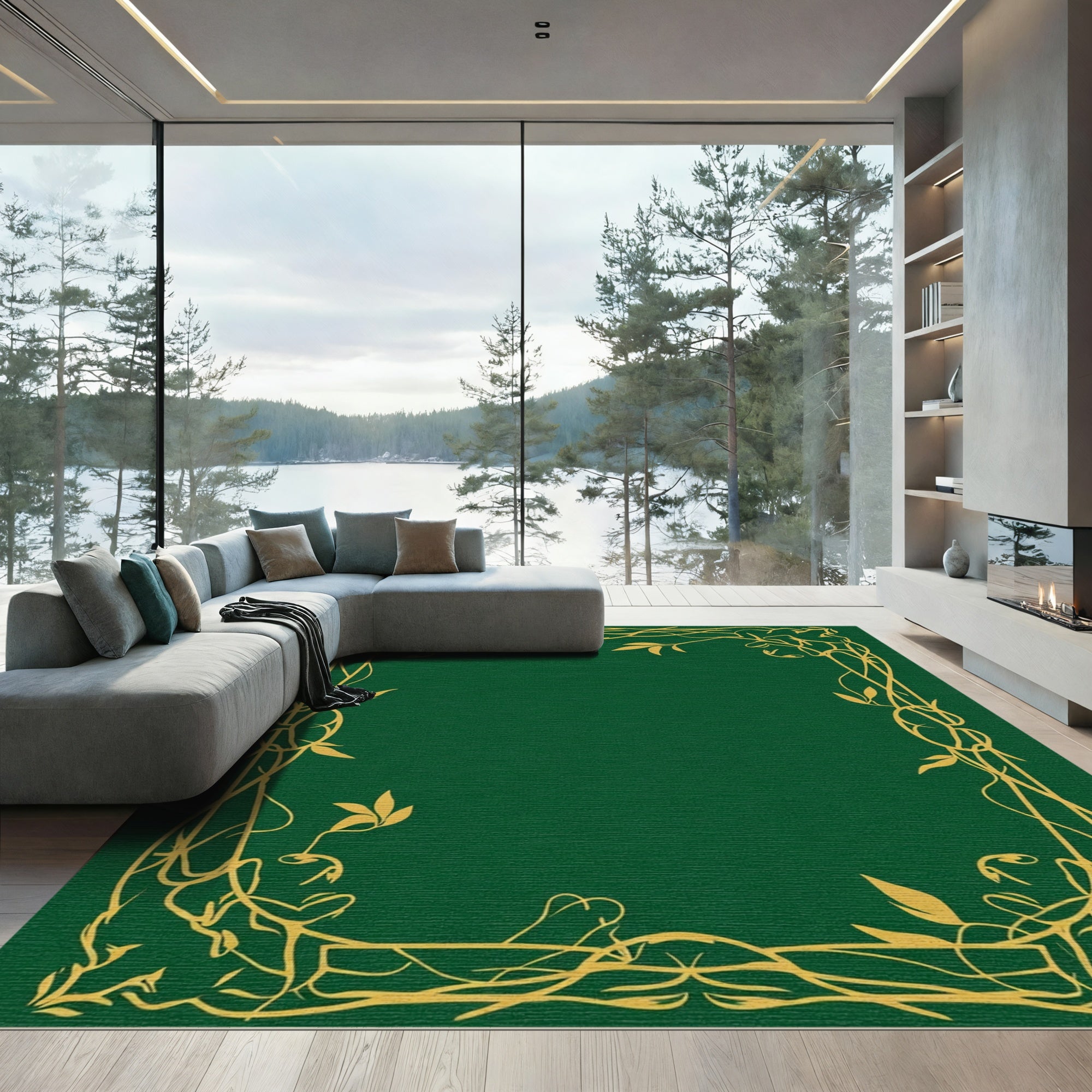 Golden Vine Border Emerald Green Rug