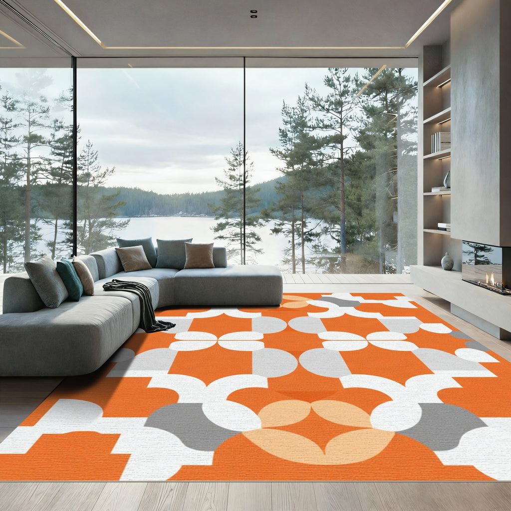 Orange White Geometric Mid Century Rug