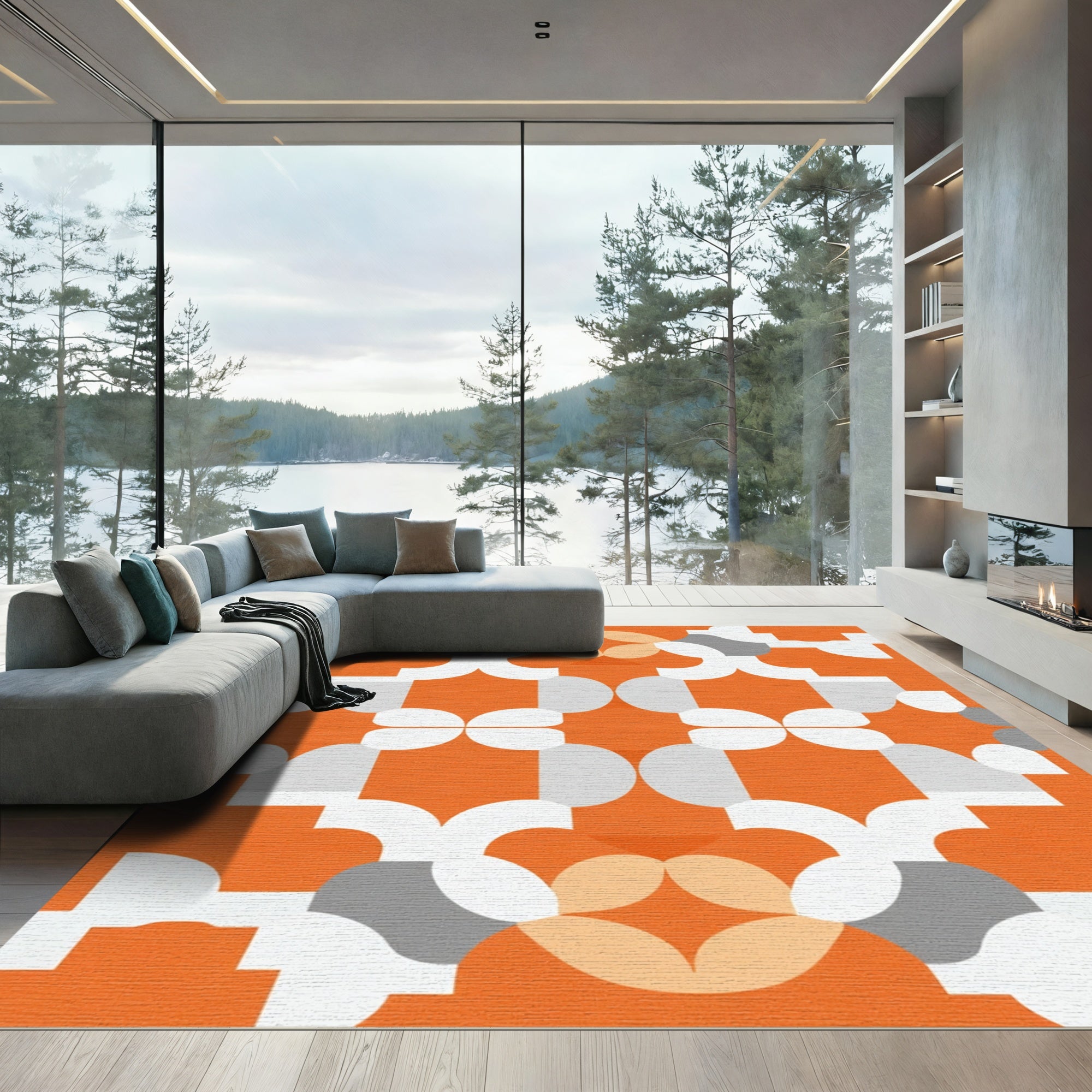 Orange White Geometric Mid Century Rug