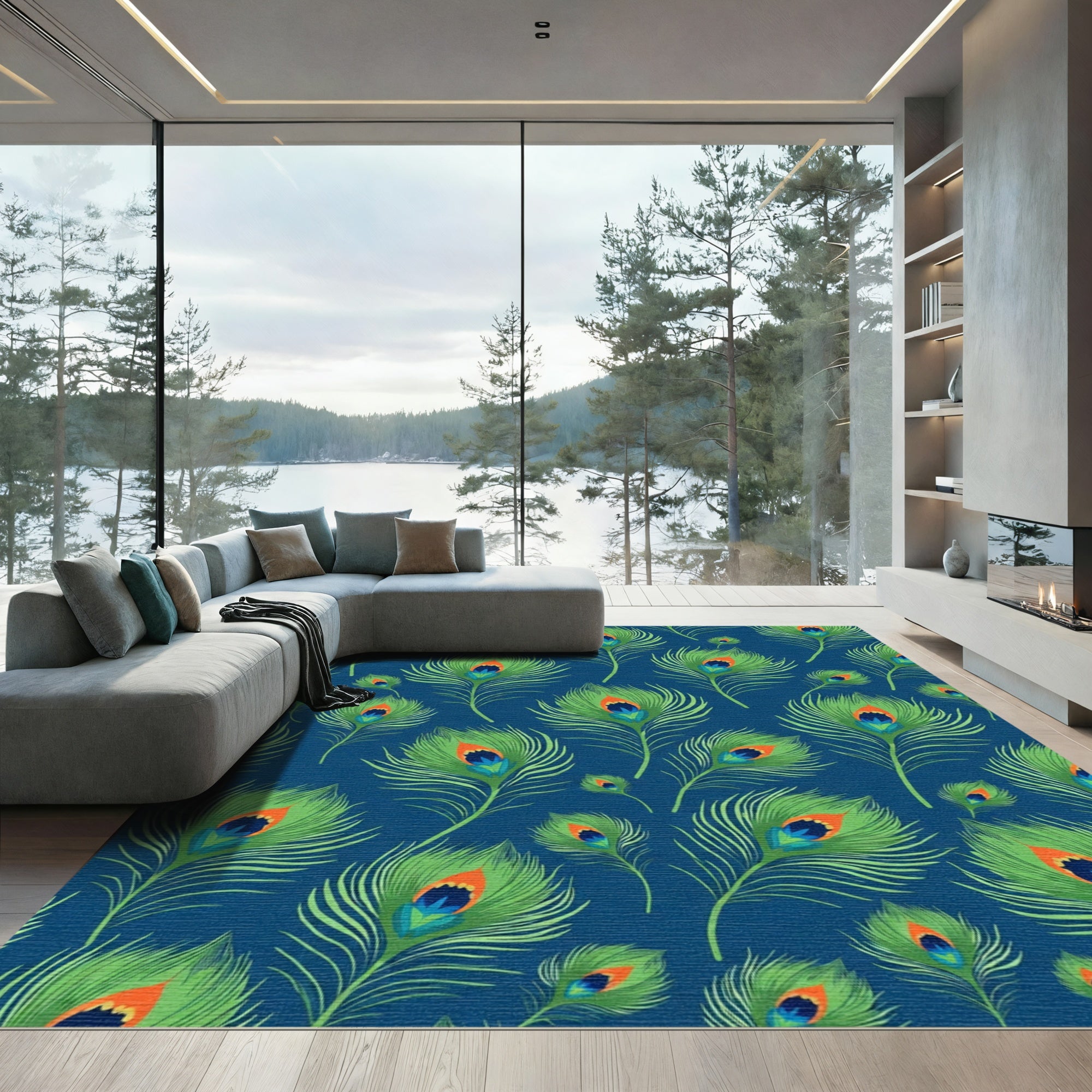 Vibrant Peacock Feather Navy Blue Rug