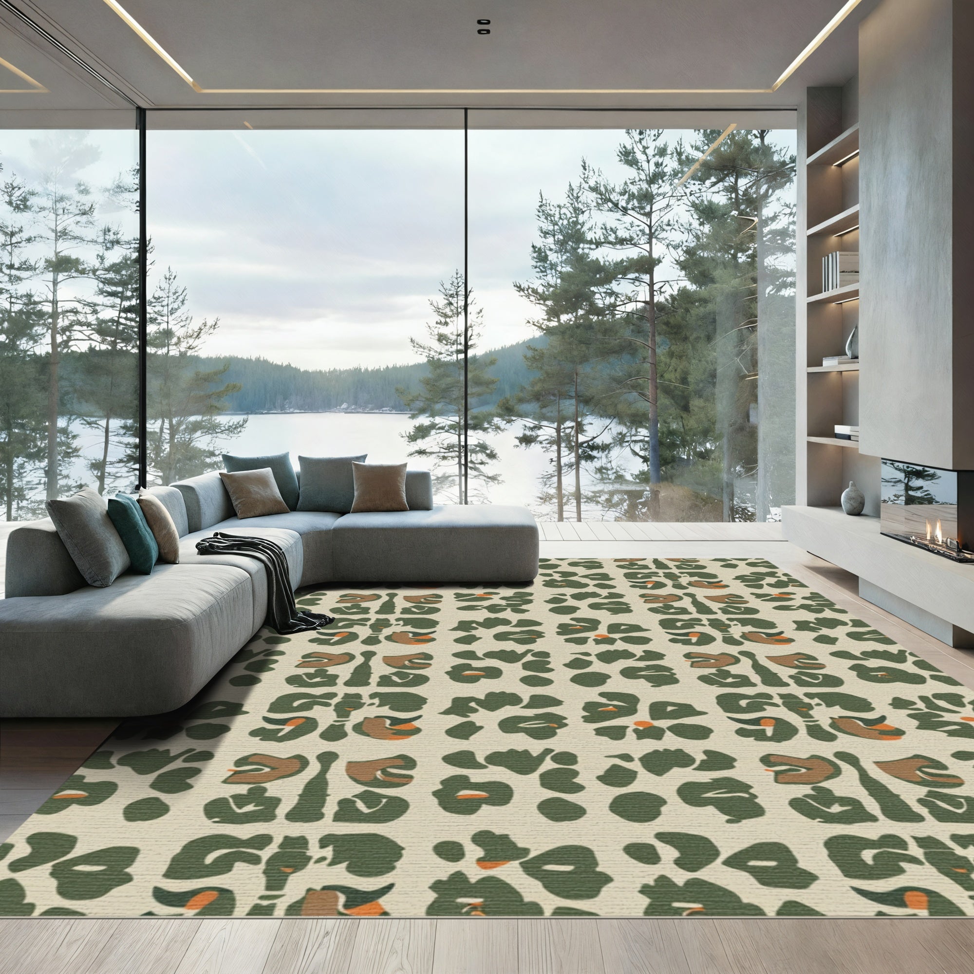 Khaki Green Abstract Animal Spots Rug