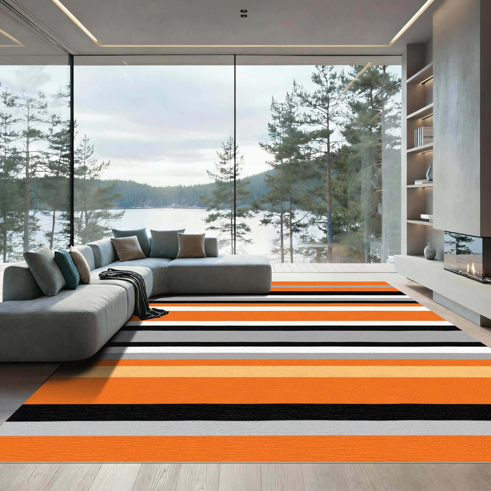 Bold Orange Black Horizontal Stripe Rug