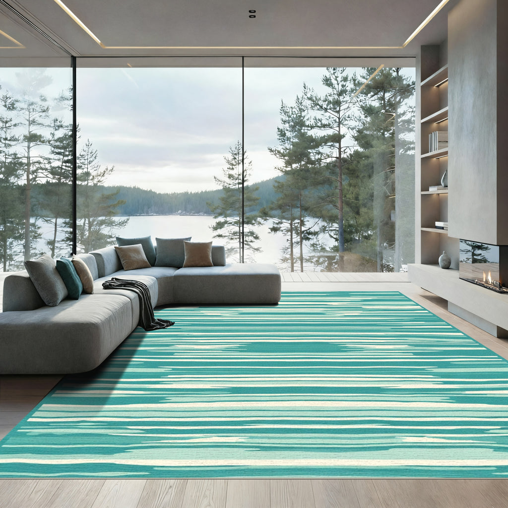 Teal and Cream Striped Organic Wave Rug