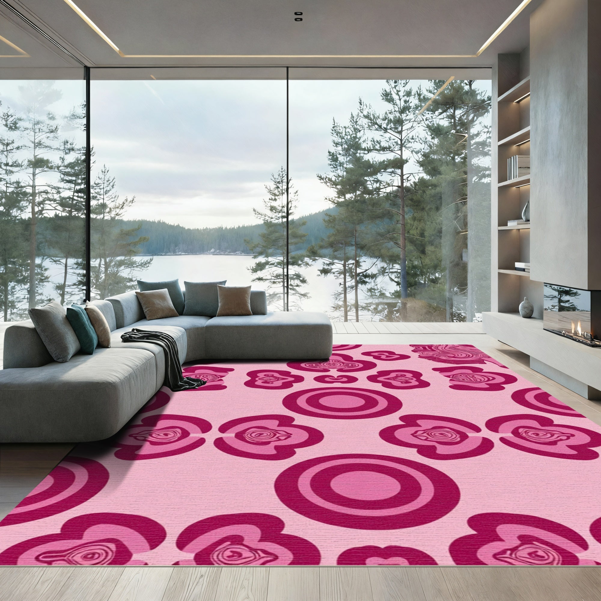 Fuchsia Abstract Flower Concentric Circle Rug