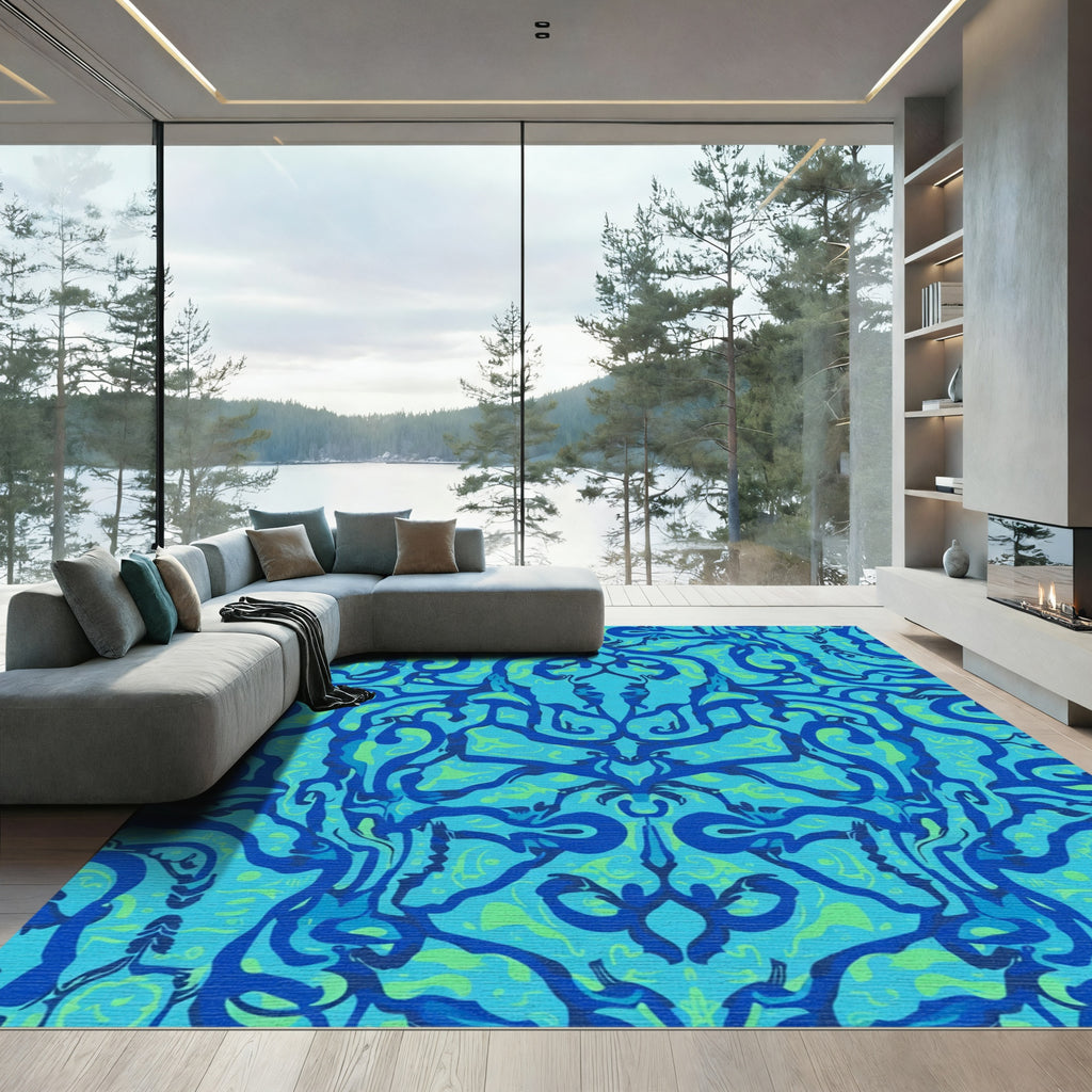 Teal Blue Abstract Organic Overlay Rug