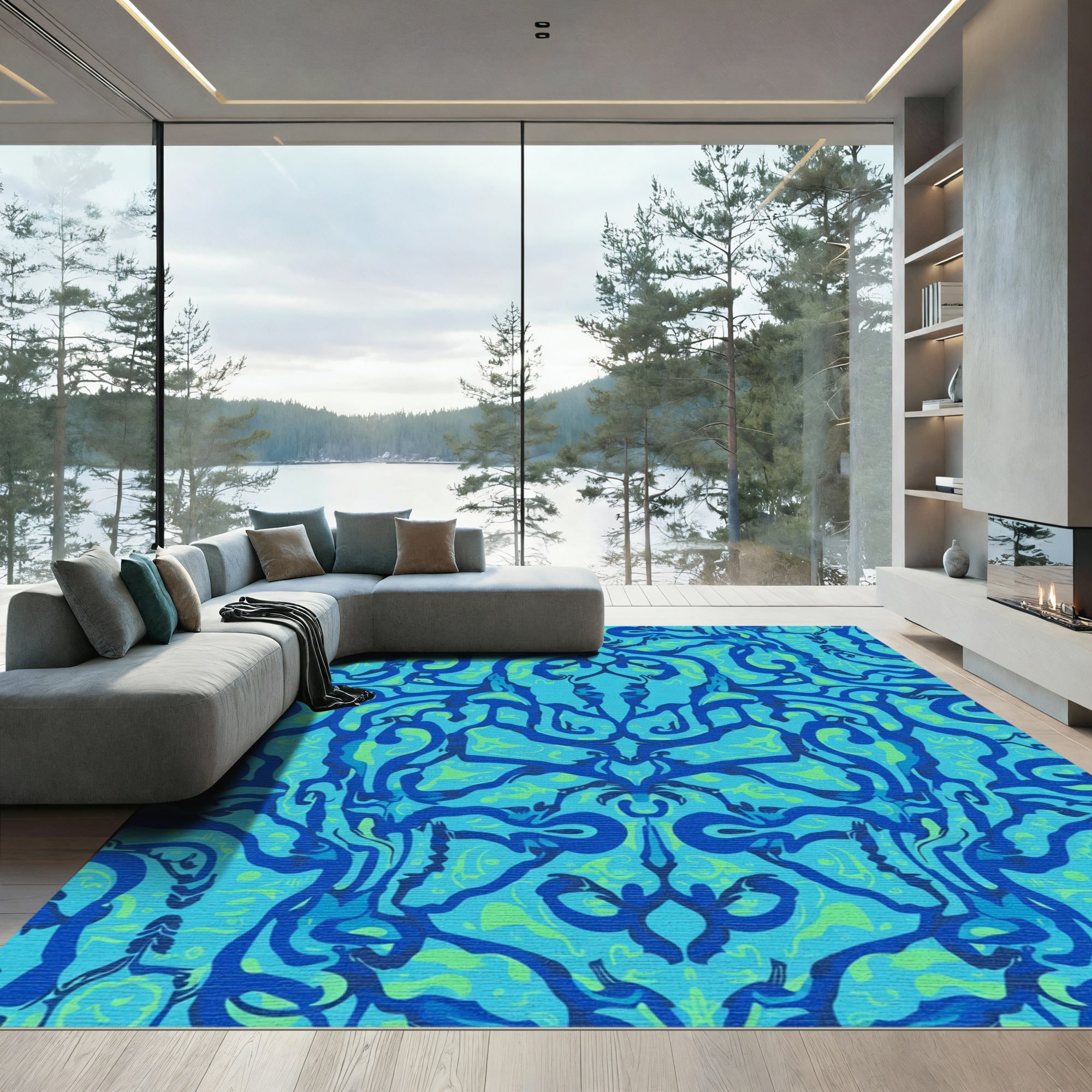 Teal Blue Abstract Organic Overlay Rug