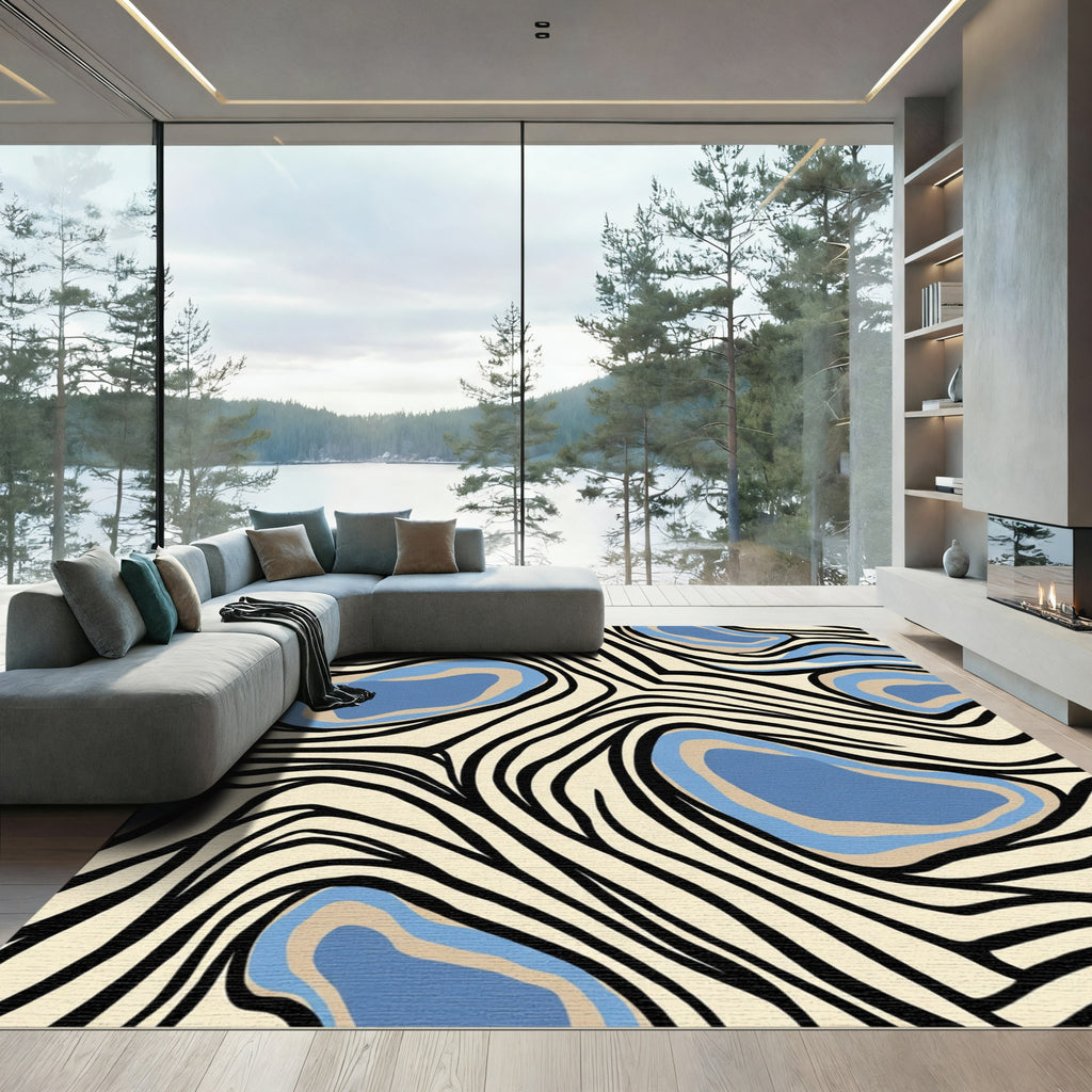 Cream Abstract Blue Organic Forms Rug