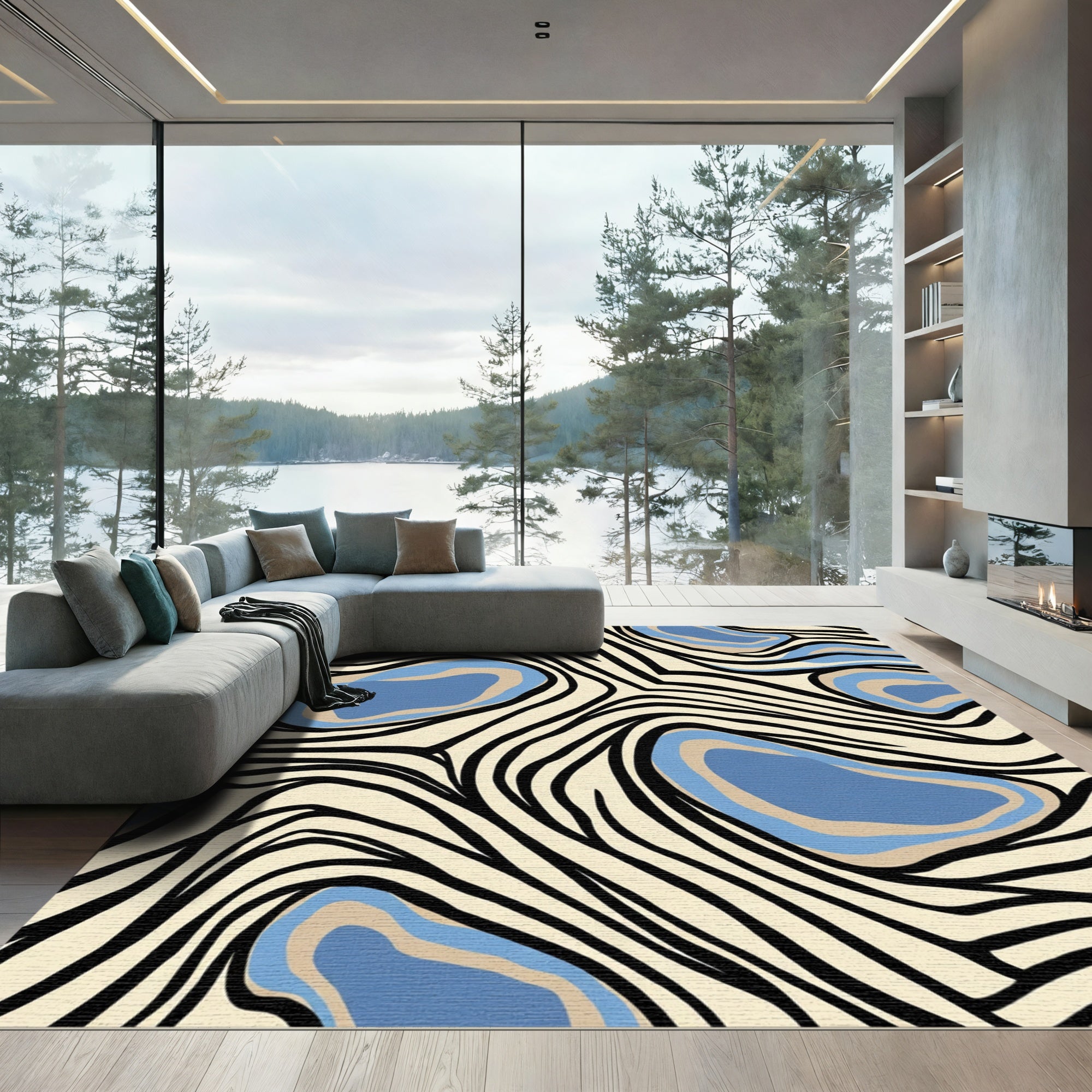 Cream Abstract Blue Organic Forms Rug