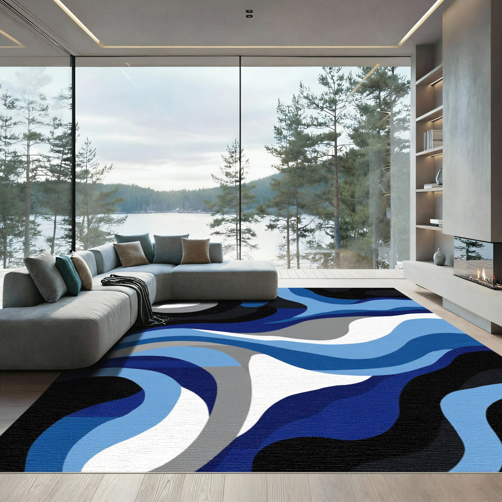 Flowing Waveforms Blues Abstract Rug