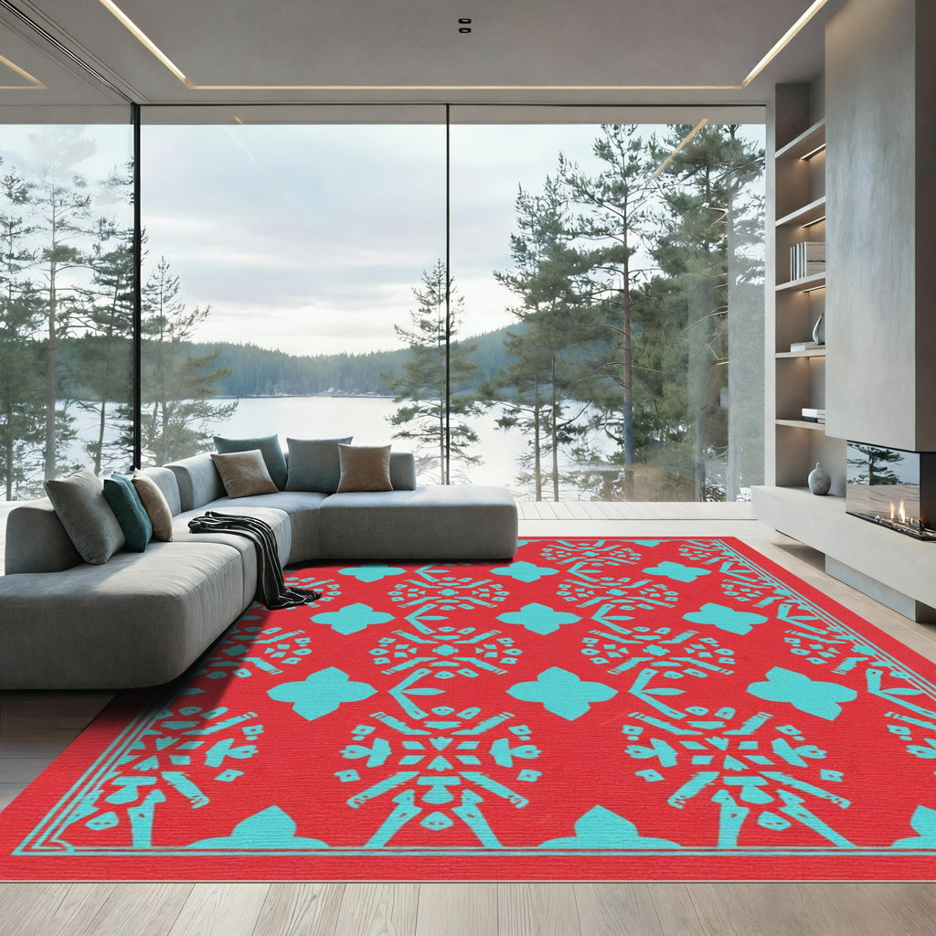 Coral Turquoise Geometric Medallion Rug