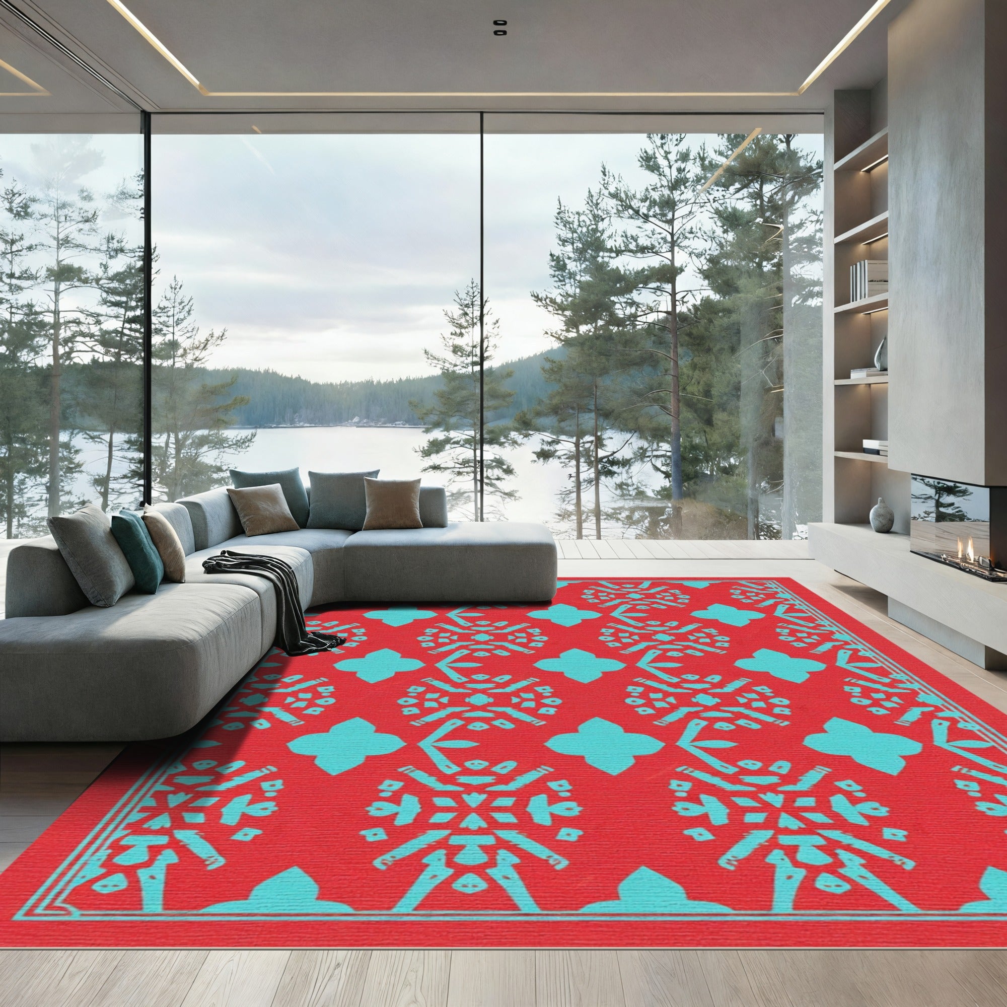 Coral Turquoise Geometric Medallion Rug