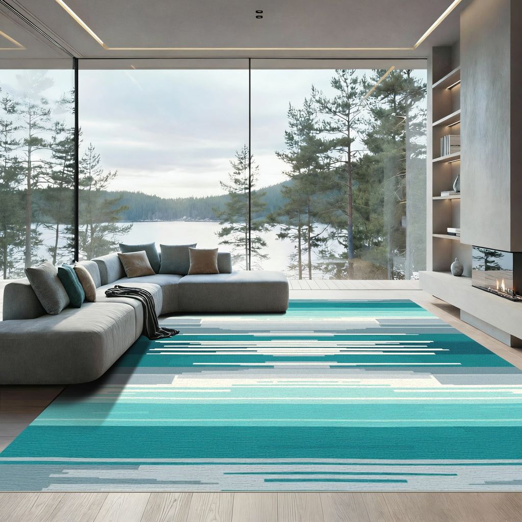 Coastal Teal and Gray Striped Abstract Rug